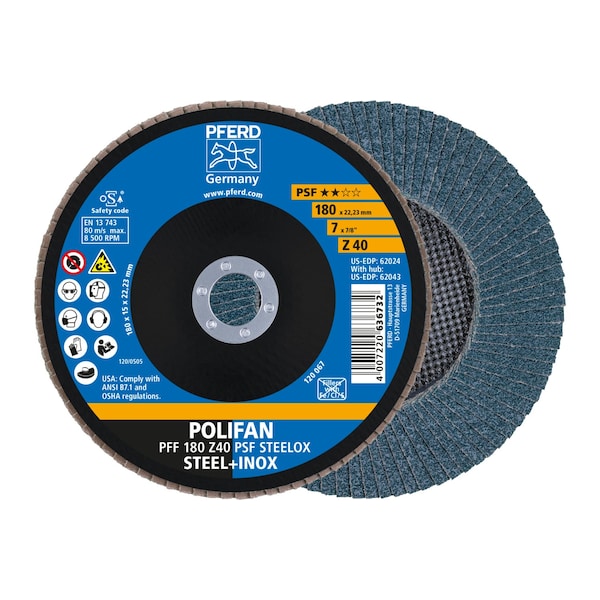 Pferd 7" x 7/8" A.H. POLIFAN Flap Disc - Z PSF STEELOX, Zirconia, 40 Grit, Flat 62024 - main